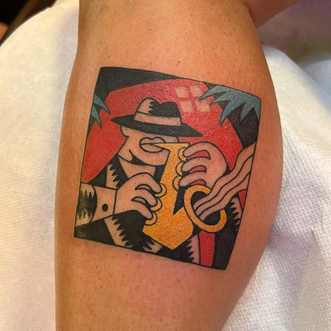 Stylish saxophonist jazz tattoo design in color