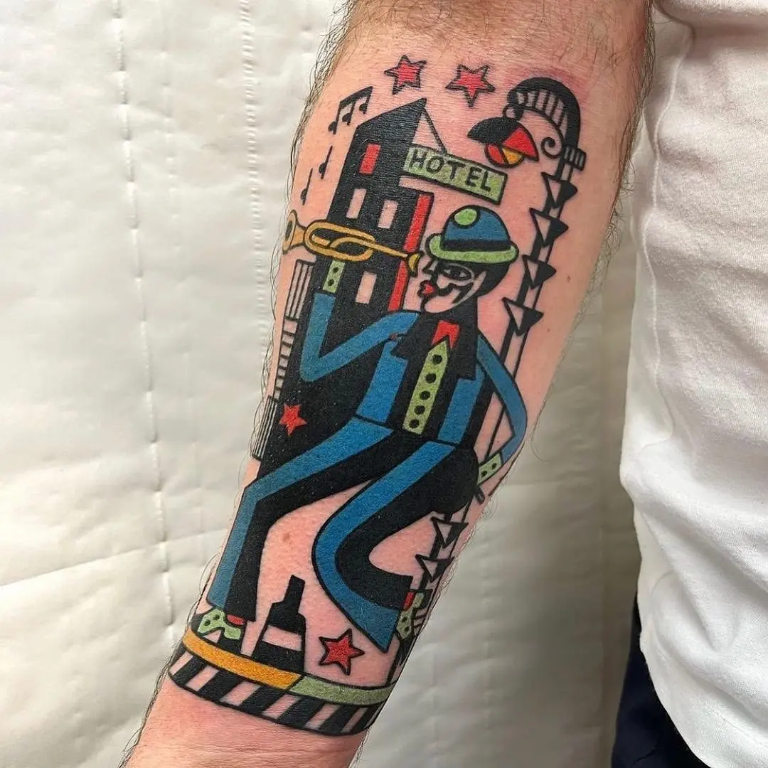 Vibrant saxophonist tattoo with urban flair