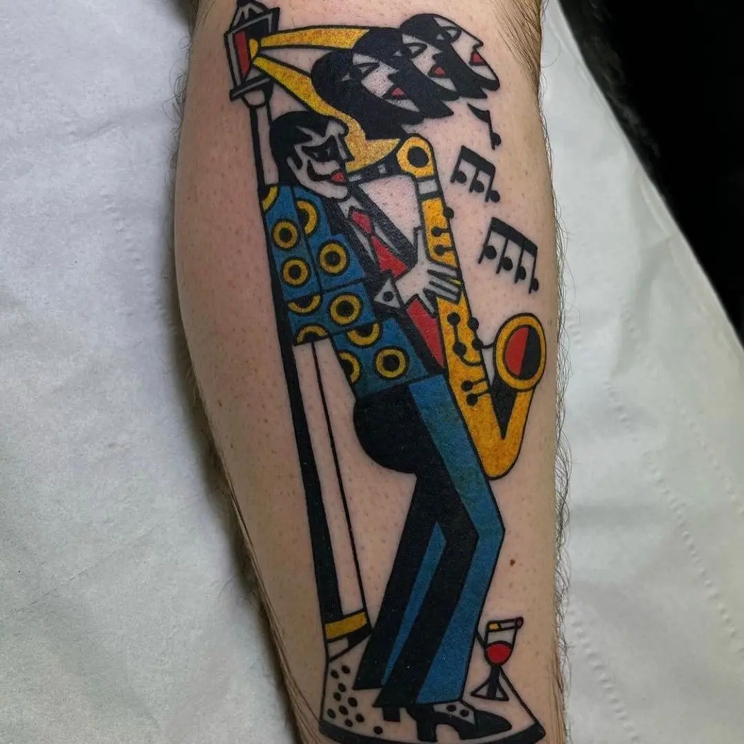 Dynamic jazz tattoo showcasing vibrant musical energy