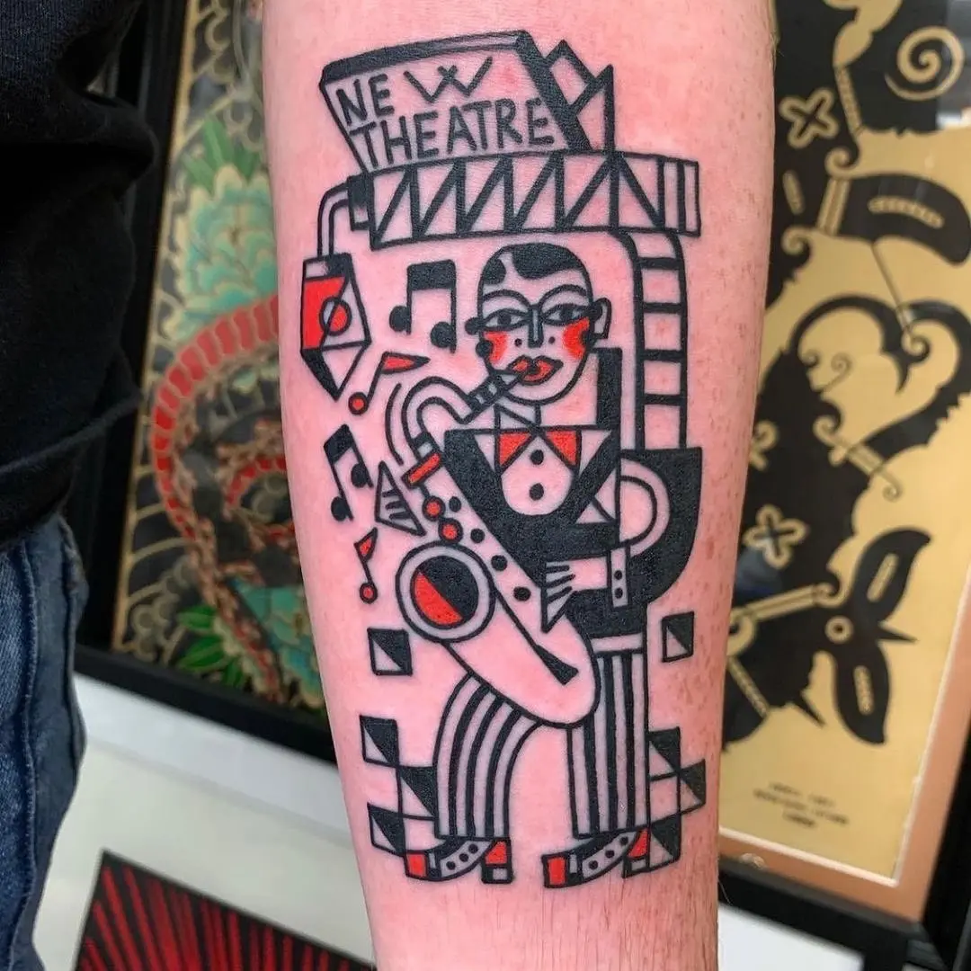 Stylish Saxophonist Tattoo Reflecting Jazz Culture
