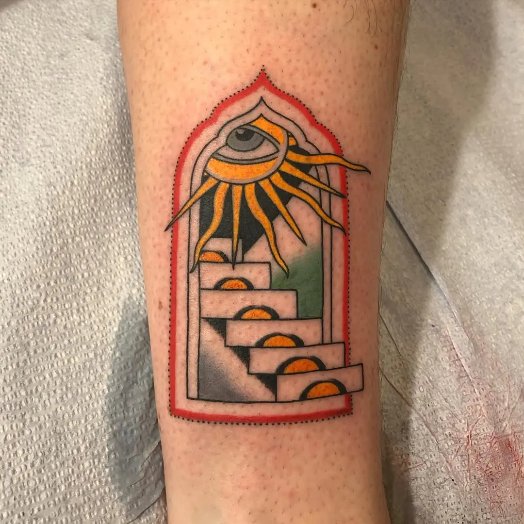 Intriguing tattoo of an eye and stairs