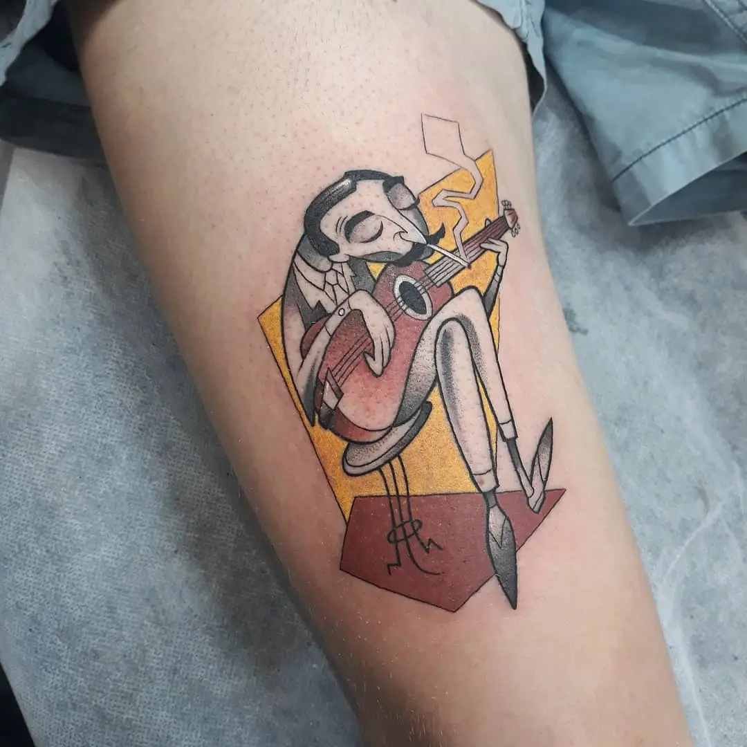 Stylish jazz guitarist tattoo with vibrant colors
