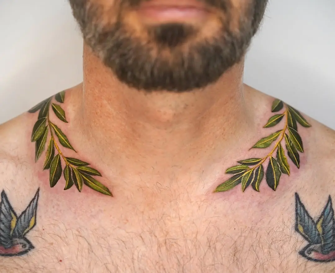 Stylish laurel wreath tattoo on neck