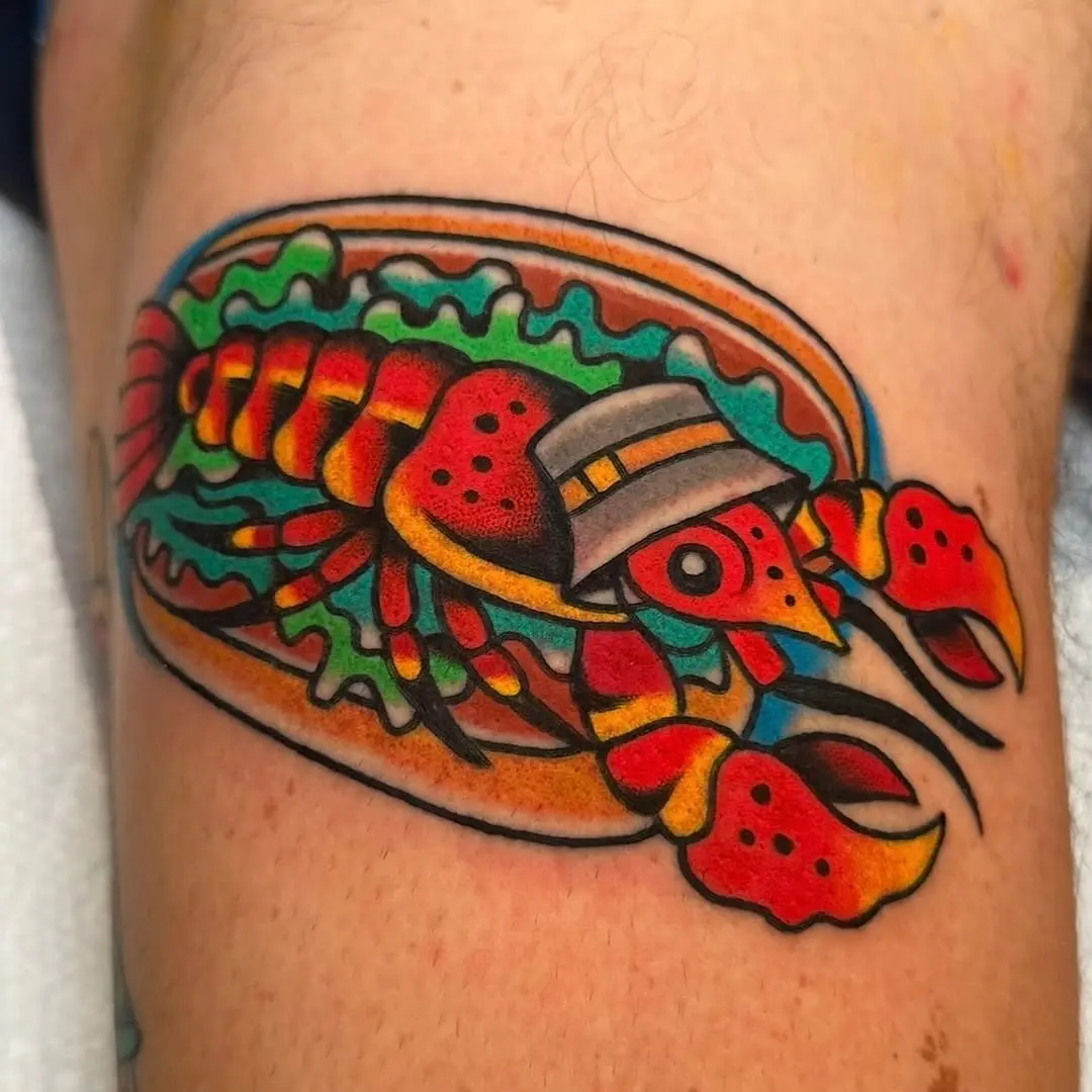 Colorful lobster tattoo with a playful twist