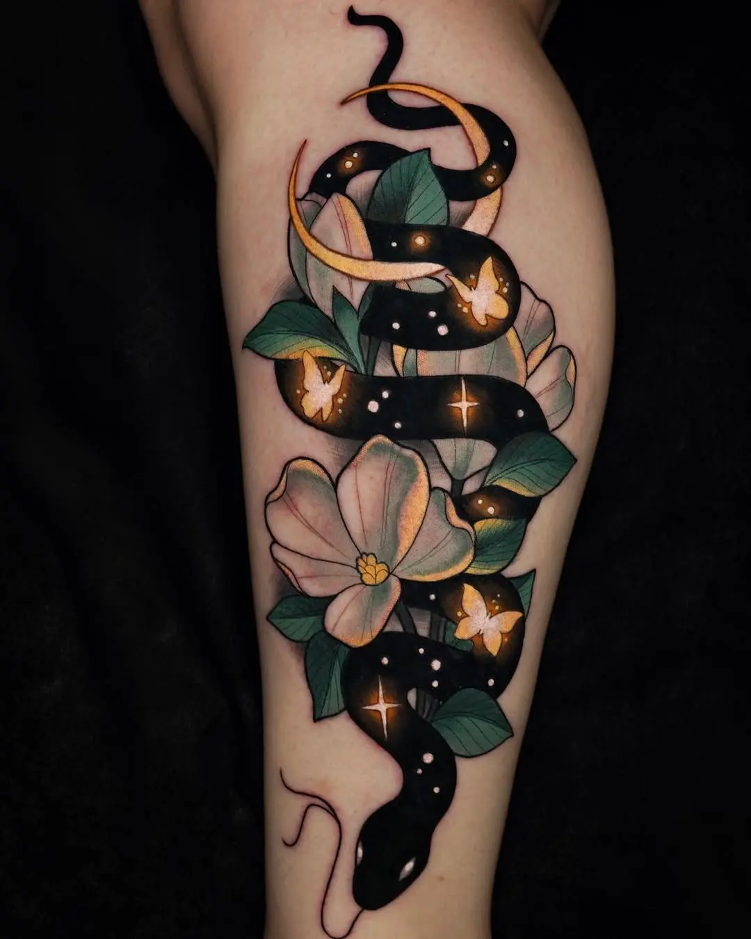 Stunning Magnolia and Snake Tattoo Design