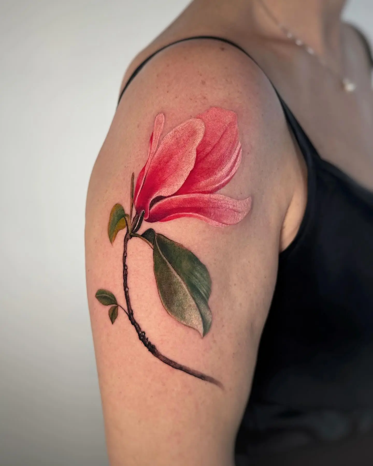 Realistic Magnolia Tattoo on Shoulder