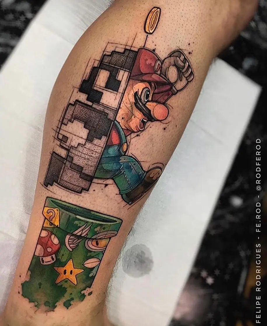 Unique Mario-themed tattoo blending nostalgia and creativity