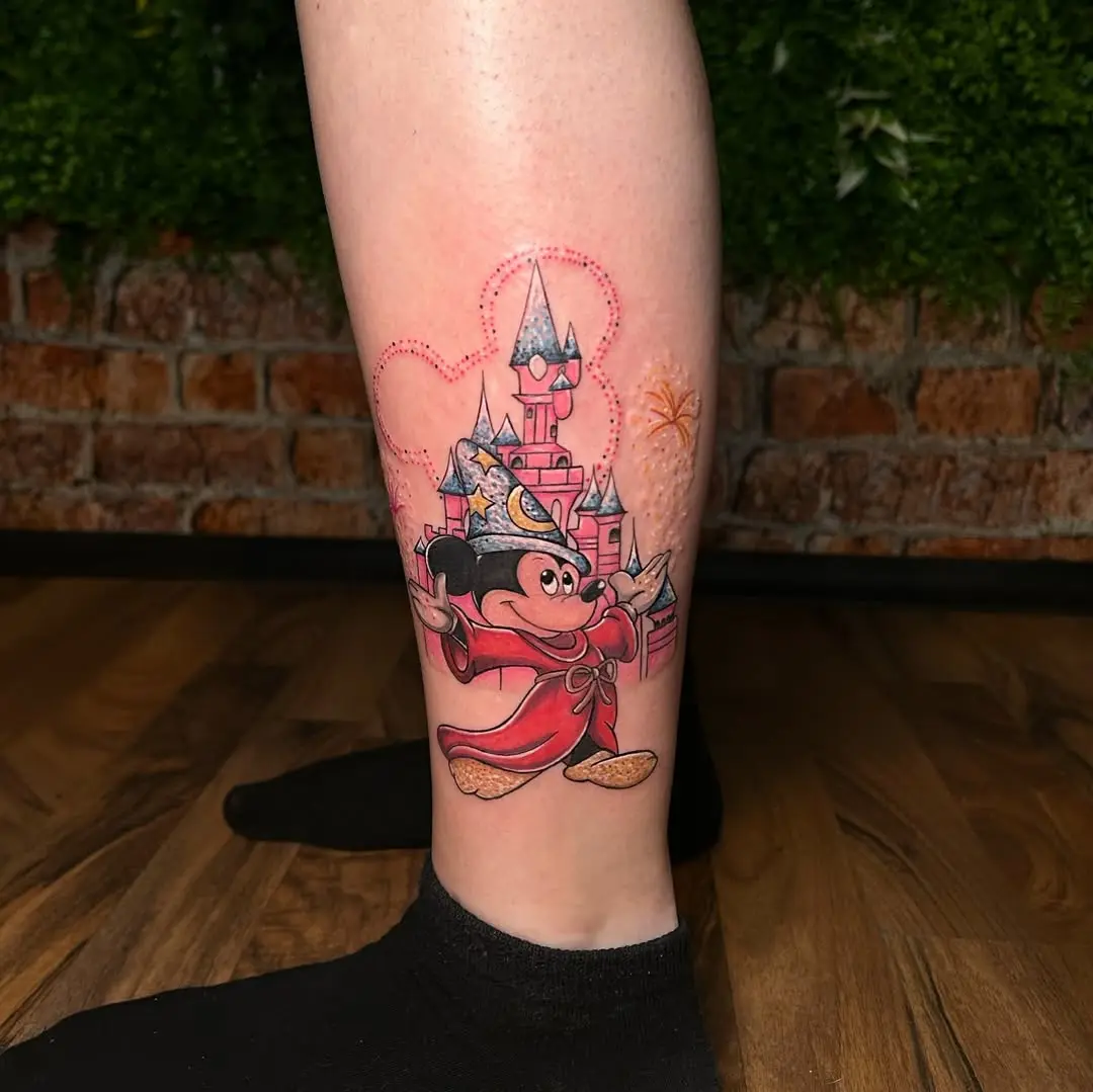Whimsical Mickey Mouse castle tattoo design