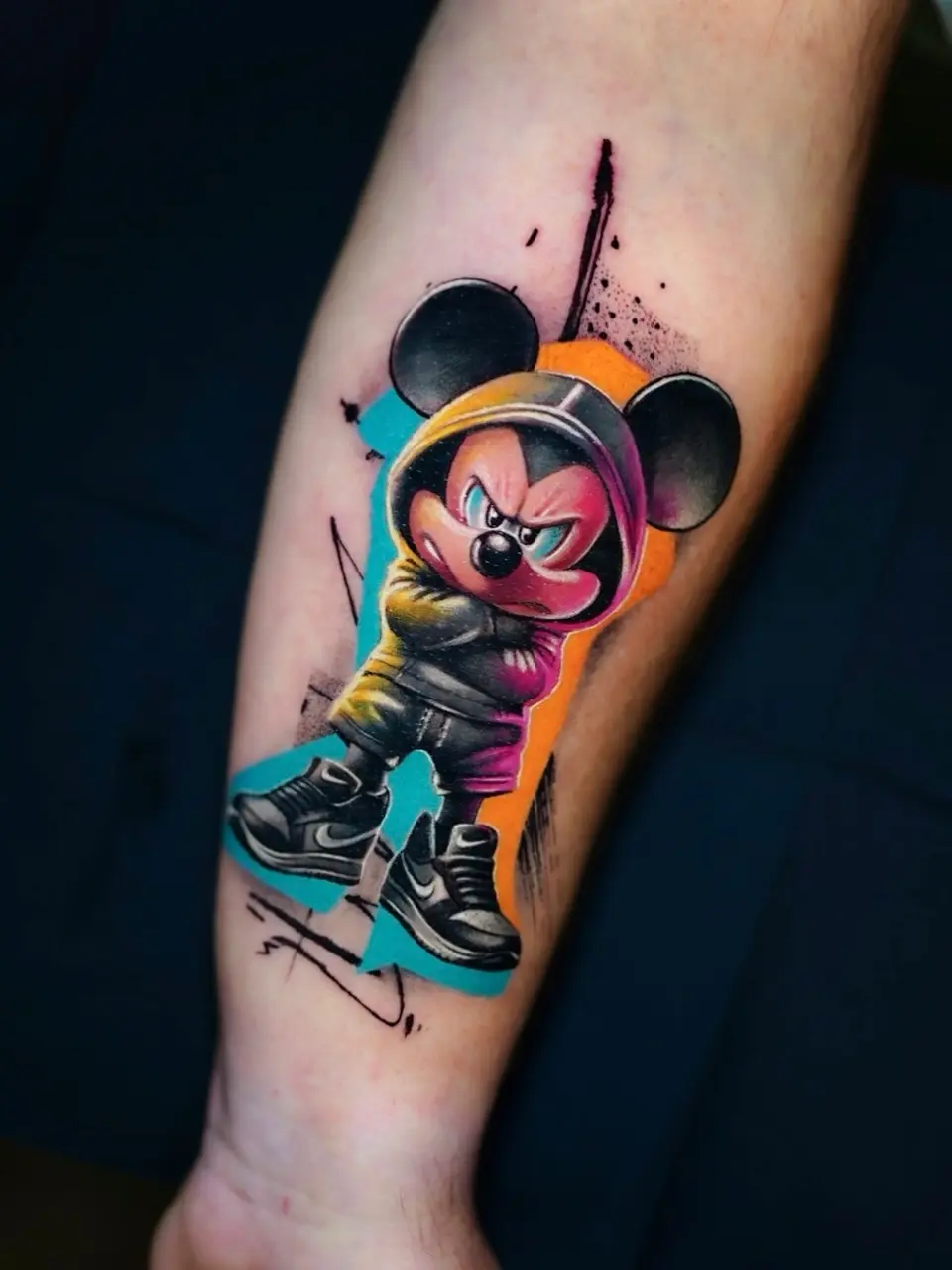 Bold, colorful Mickey Mouse tattoo art