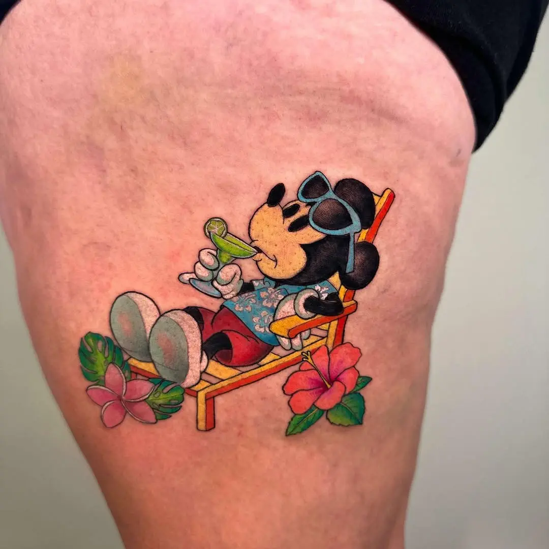 Chilled Out Mickey Mouse Tattoo in Vacation Mode