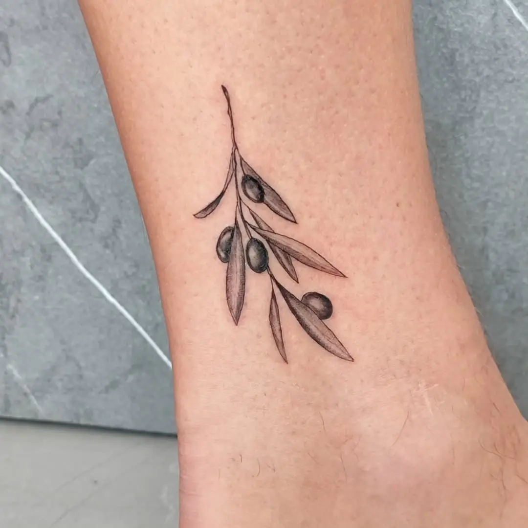 Delicate olive branch tattoo on ankle design.