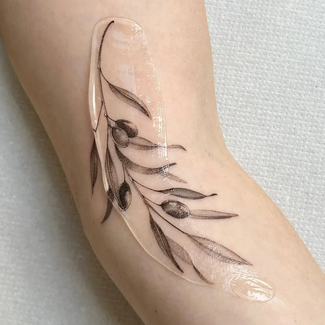 Elegant olive branch tattoo on smooth skin