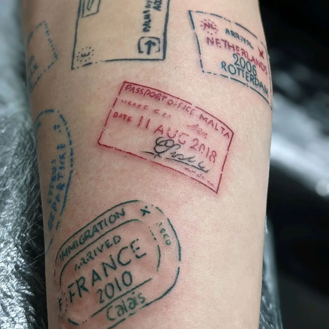 Unique passport stamp tattoo collection on skin