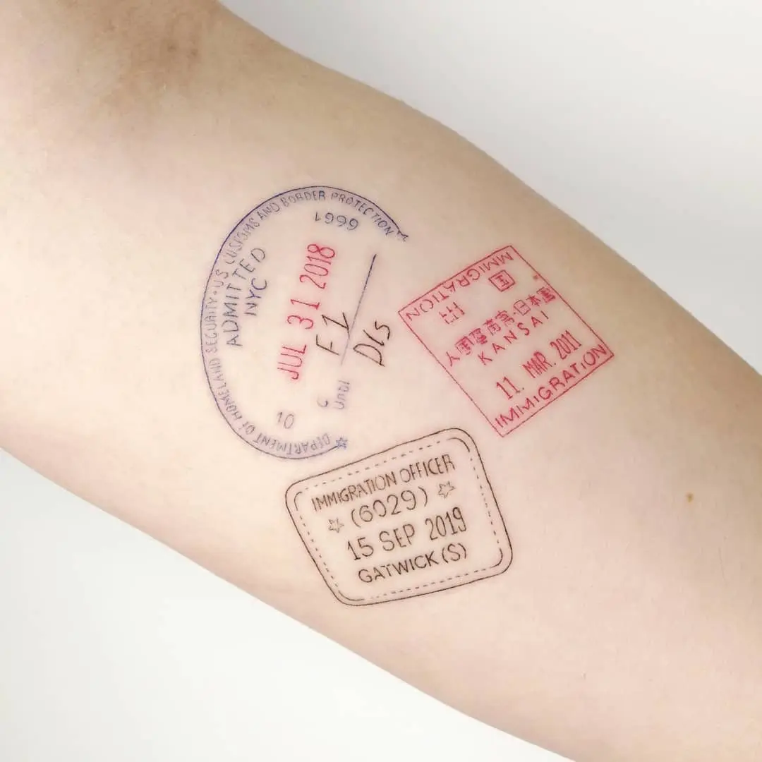 Unique immigration stamp tattoo capturing travel memories