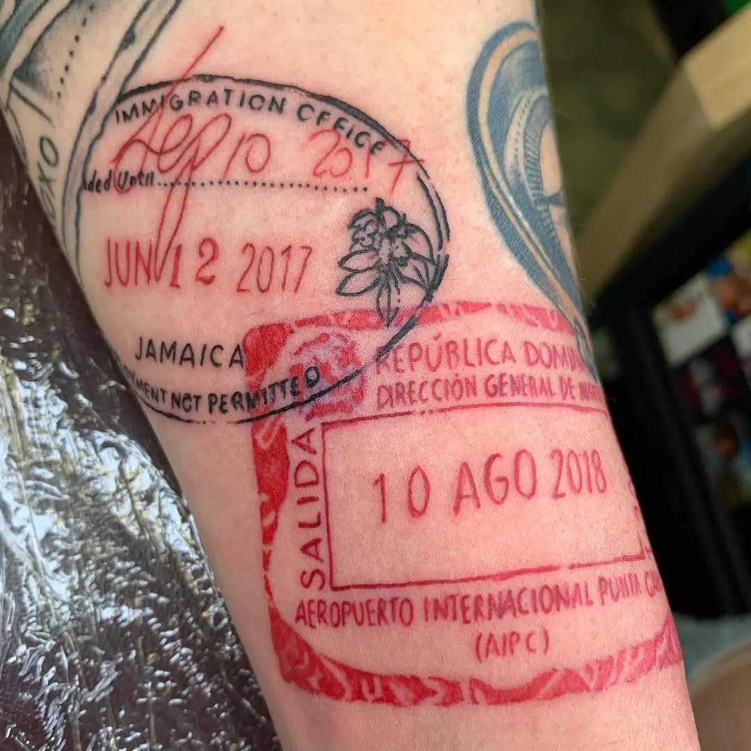 Unique passport stamp tattoo showcasing travels