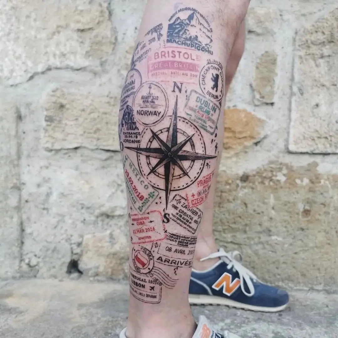 A compass tattoo adorned with travel stamps