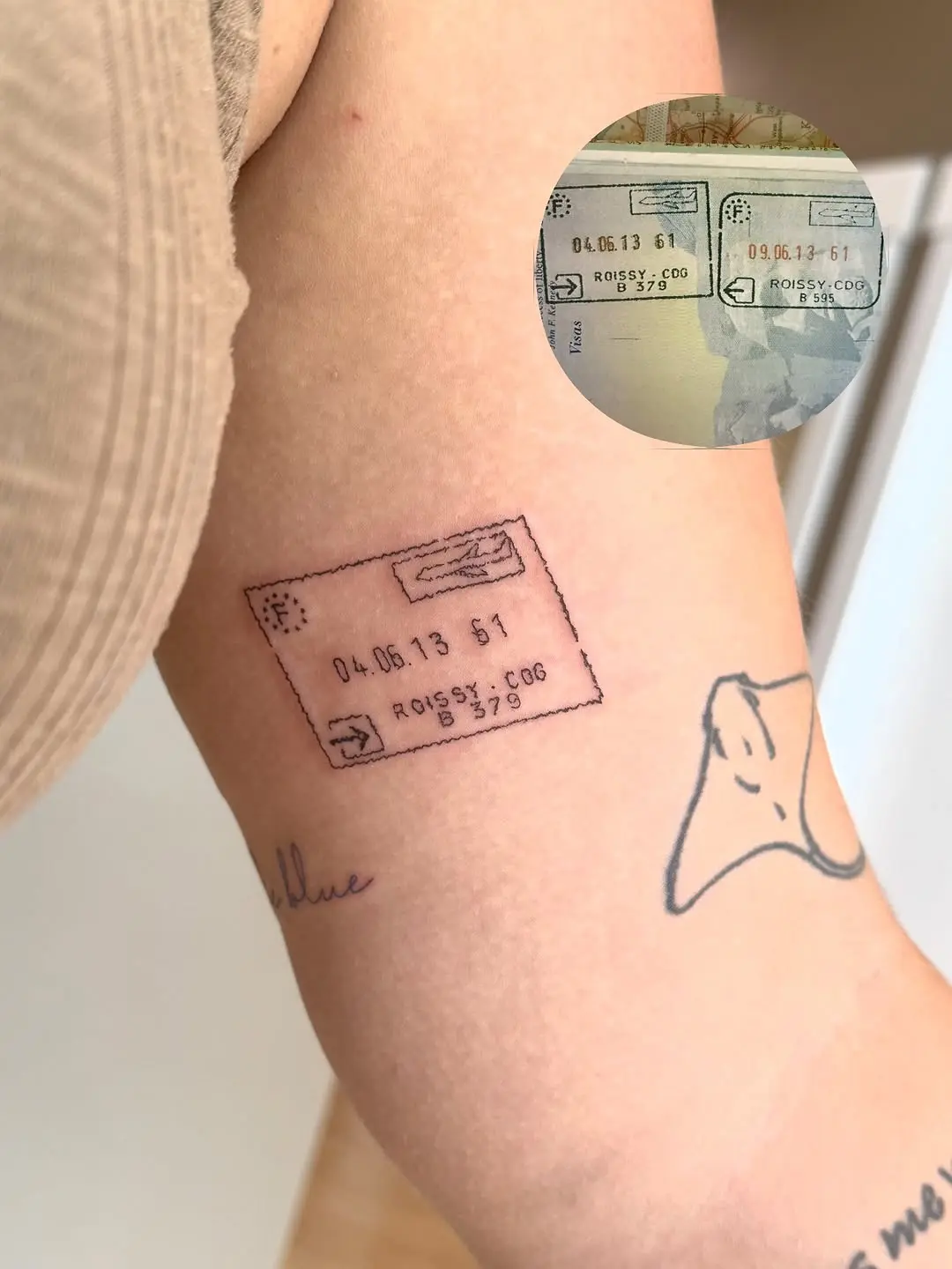 Unique passport stamp tattoo design on skin