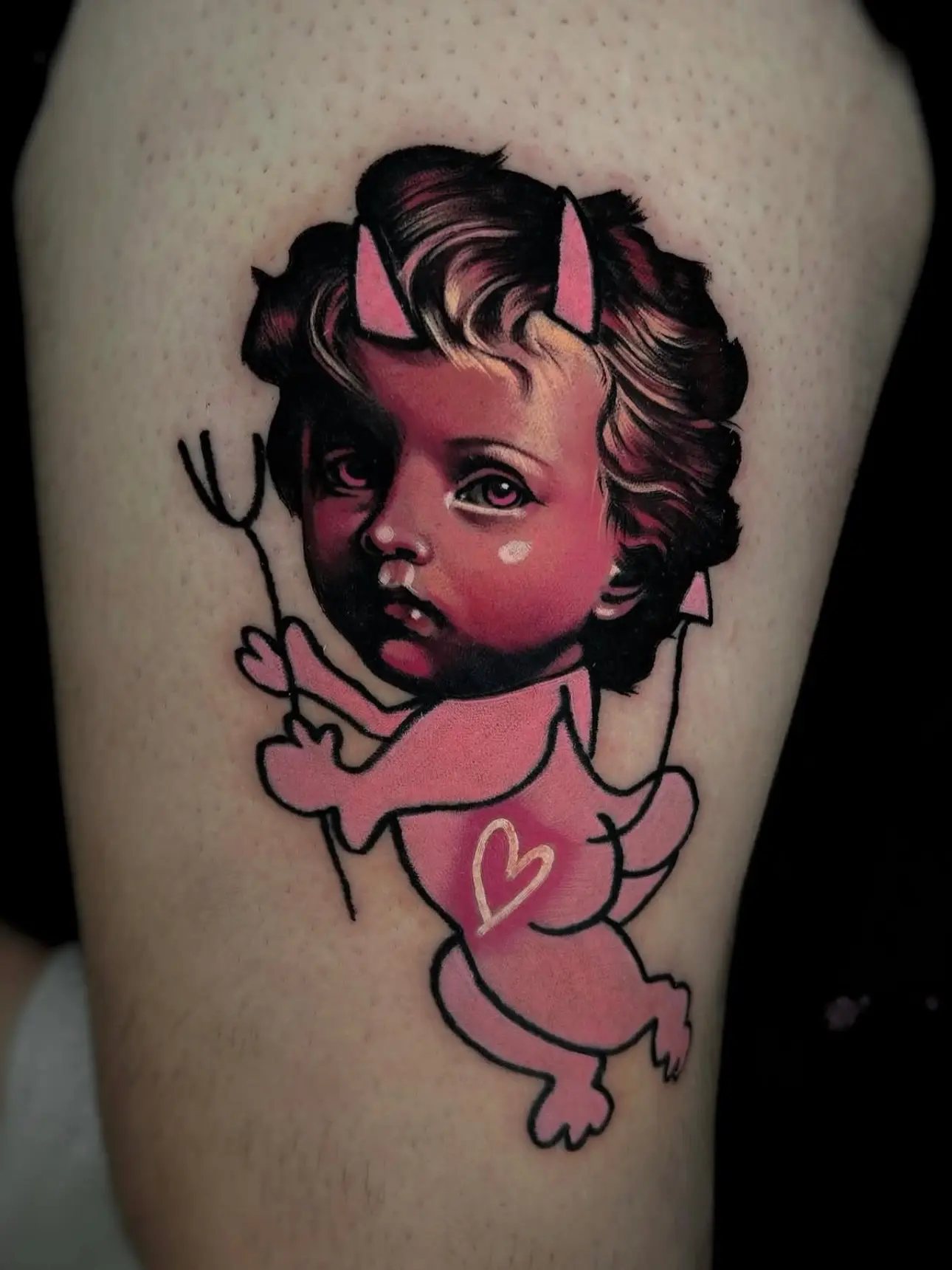 Adorable pink devil cherub tattoo design