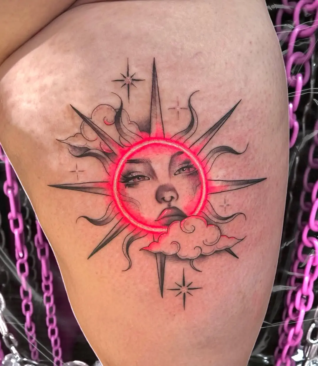 Vibrant Pink Sun Face Tattoo Design