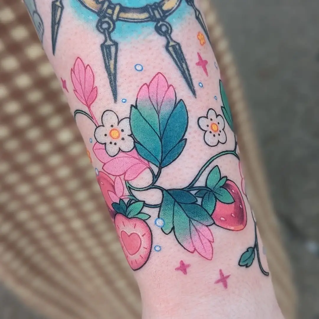 Colorful Pink Strawberry and Flower Tattoo Design