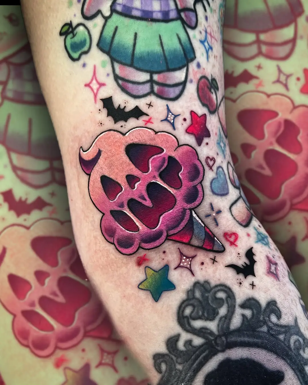 Whimsical pink skull ice cream tattoo design