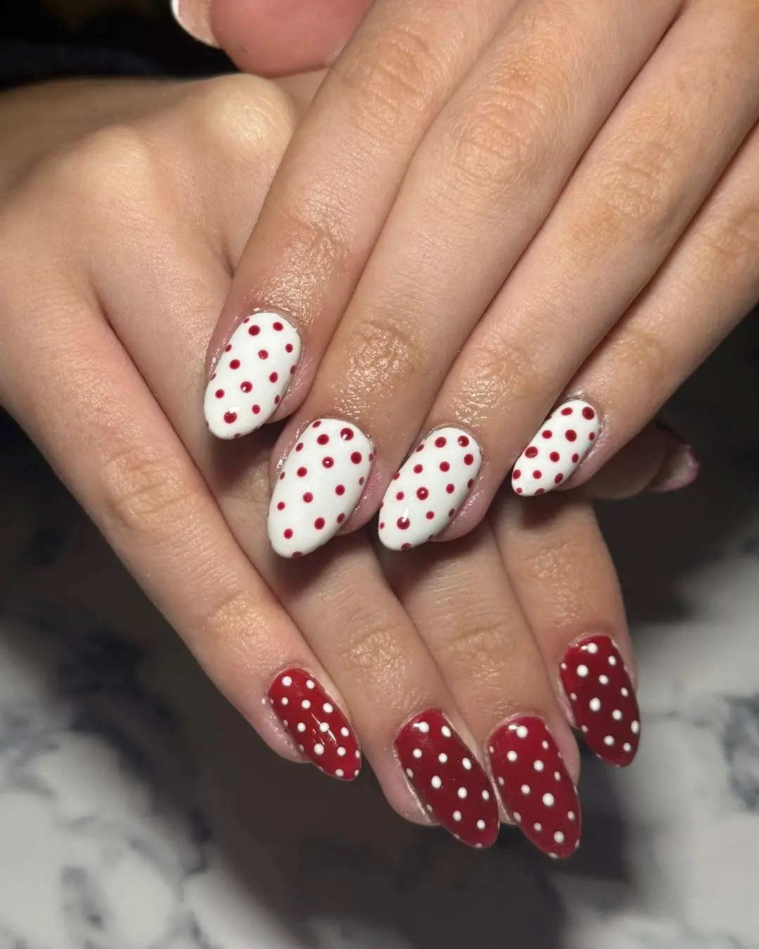 Charming red and white polka dot nails