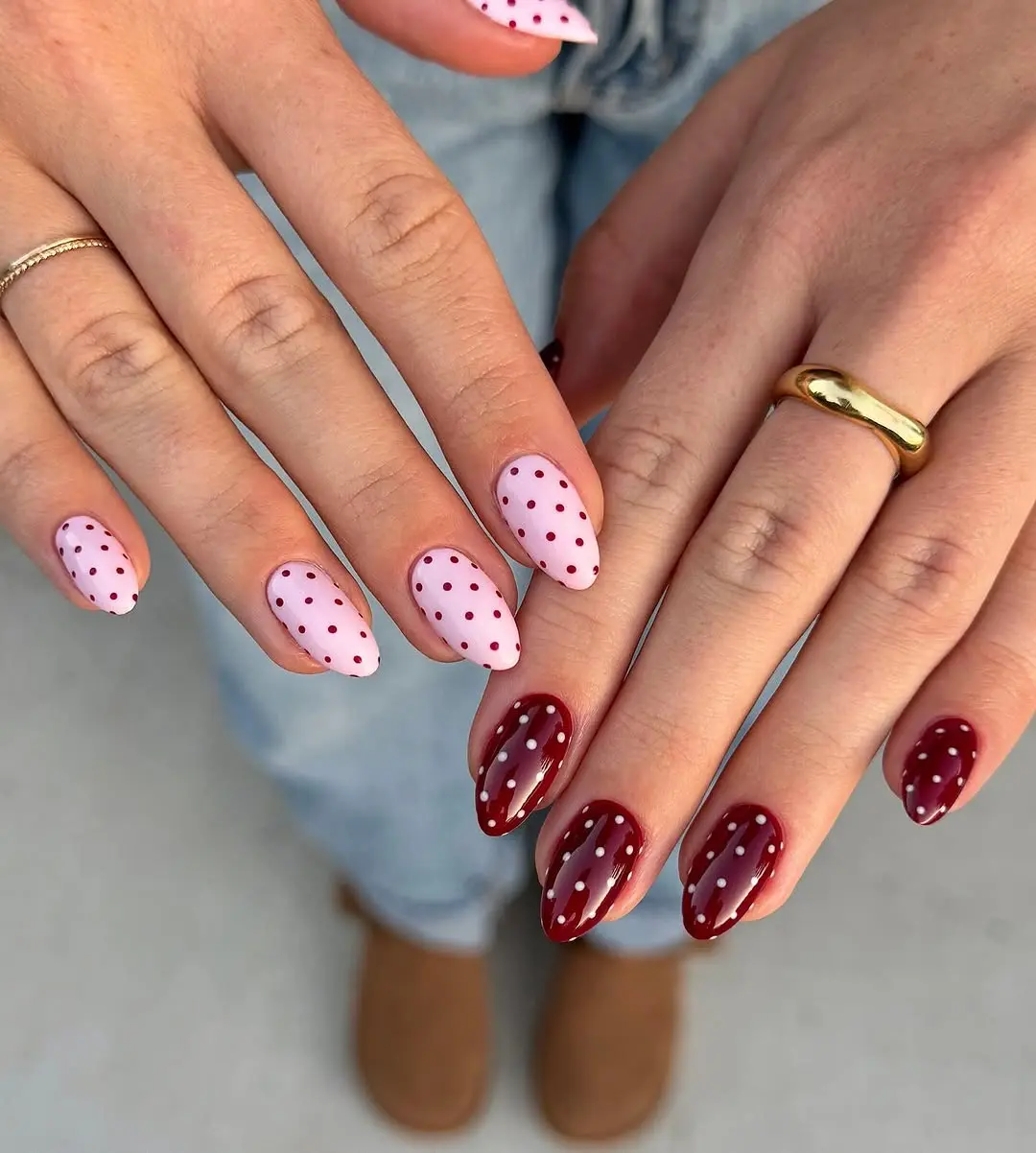 Chic red and pink polka dot nails
