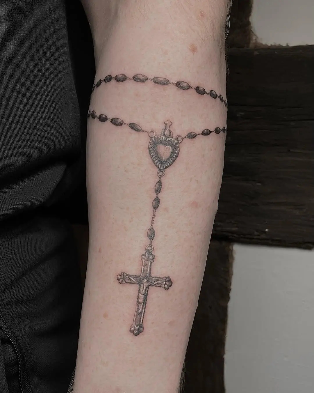 Elegant Rosary Tattoo with Heart and Cross