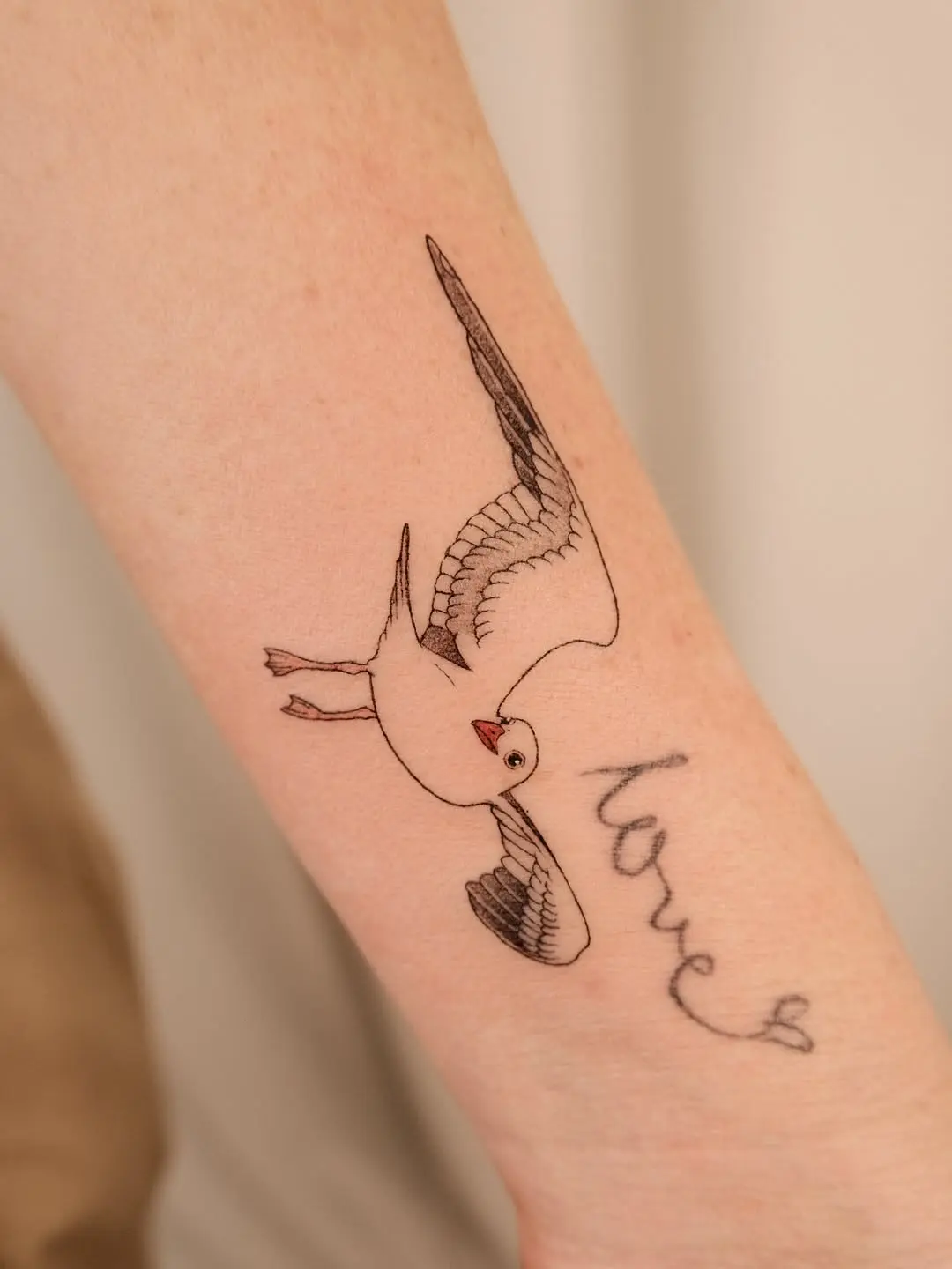 Elegant seagull tattoo with love script