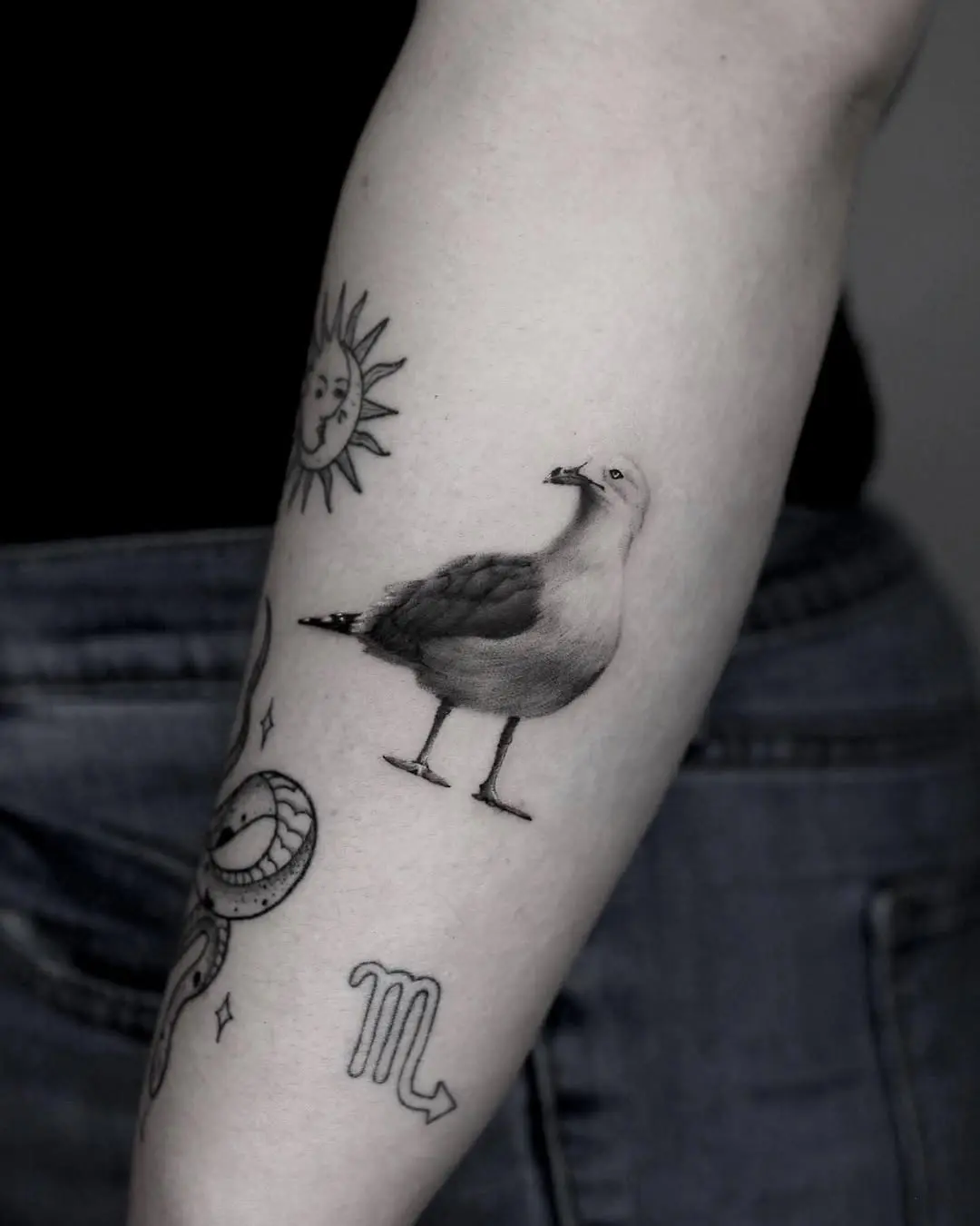 Intricate seagull tattoo with detailed shading