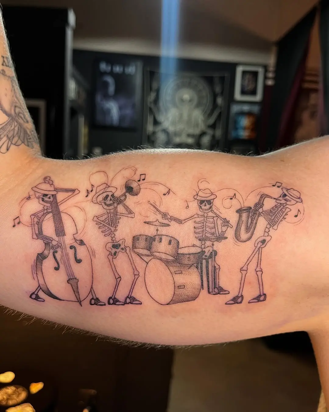 Skeleton Band Celebrating Jazz in Ink