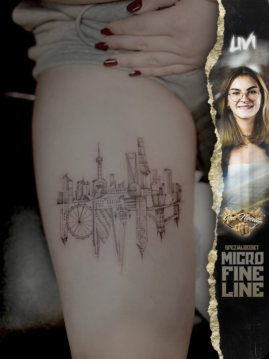 Stunning skyline tattoo with fine line artistry