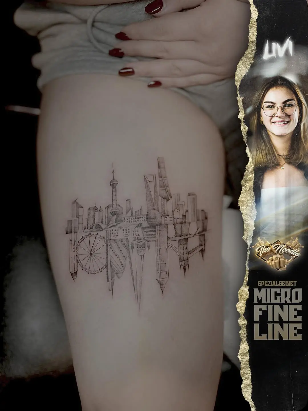 Stunning skyline tattoo with fine line artistry