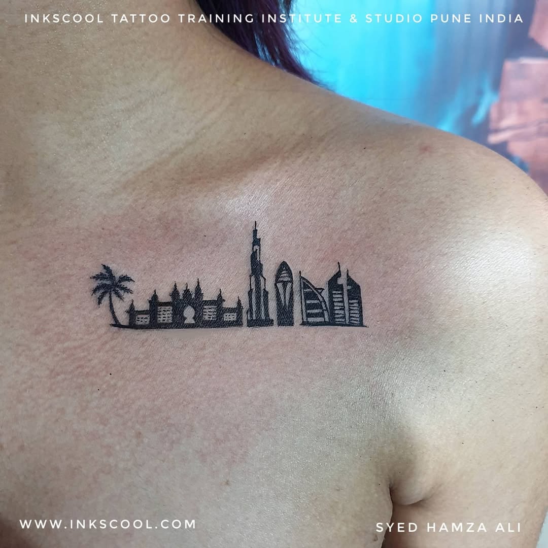 Stylish skyline tattoo with palm silhouette