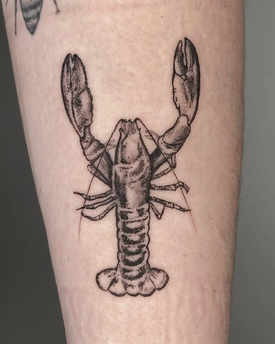 Intricate lobster tattoo in classic black ink.