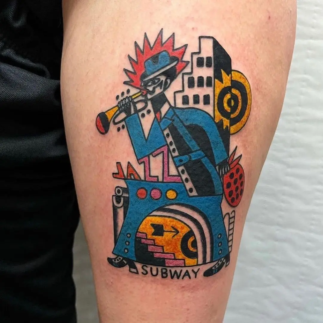 Vibrant subway jazz musician tattoo design