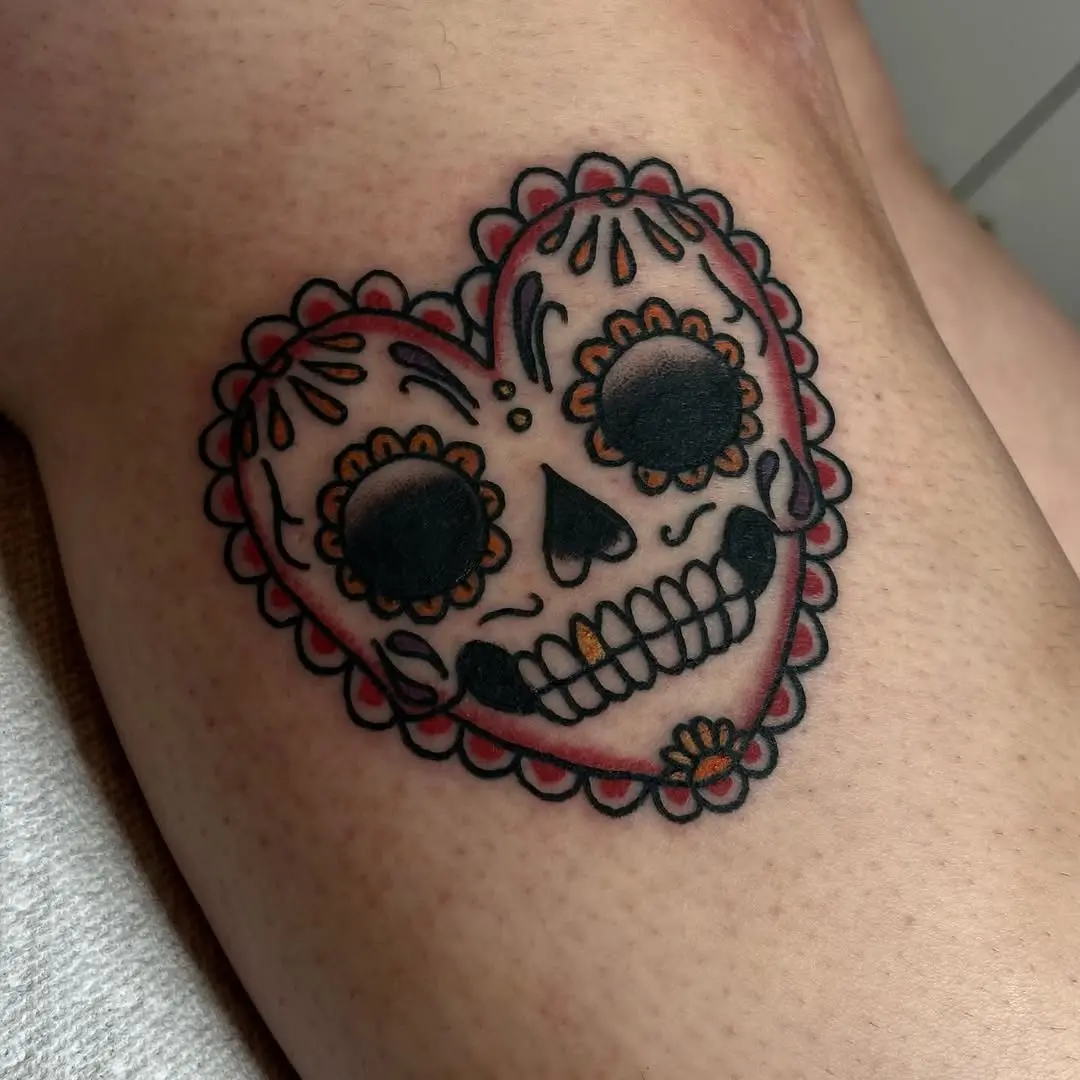 Vibrant Heart-Shaped Sugar Skull Tattoo Design
