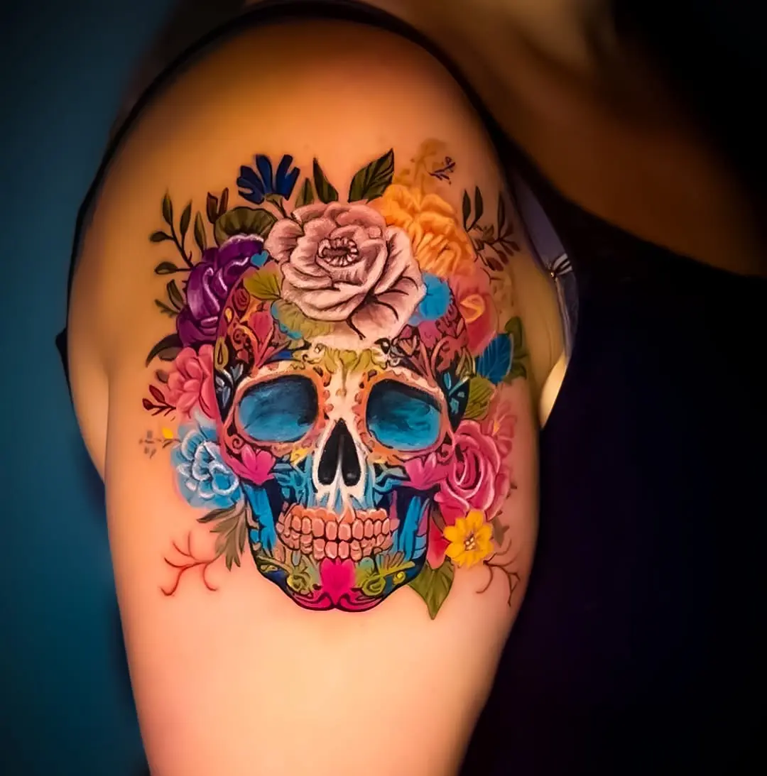 Bold and Colorful Sugar Skull Tattoo Design