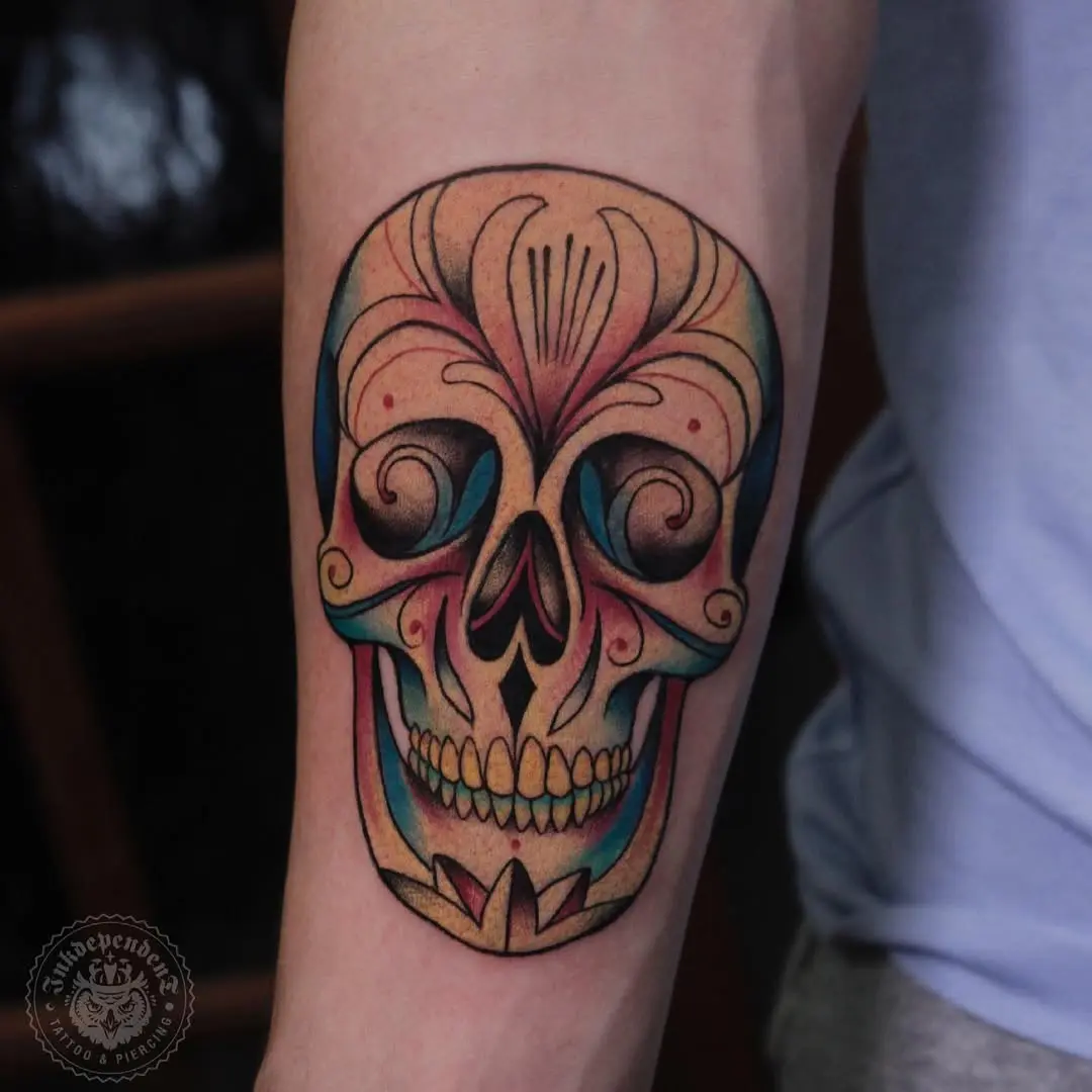 Vibrant Sugar Skull Tattoo with Intricate Details