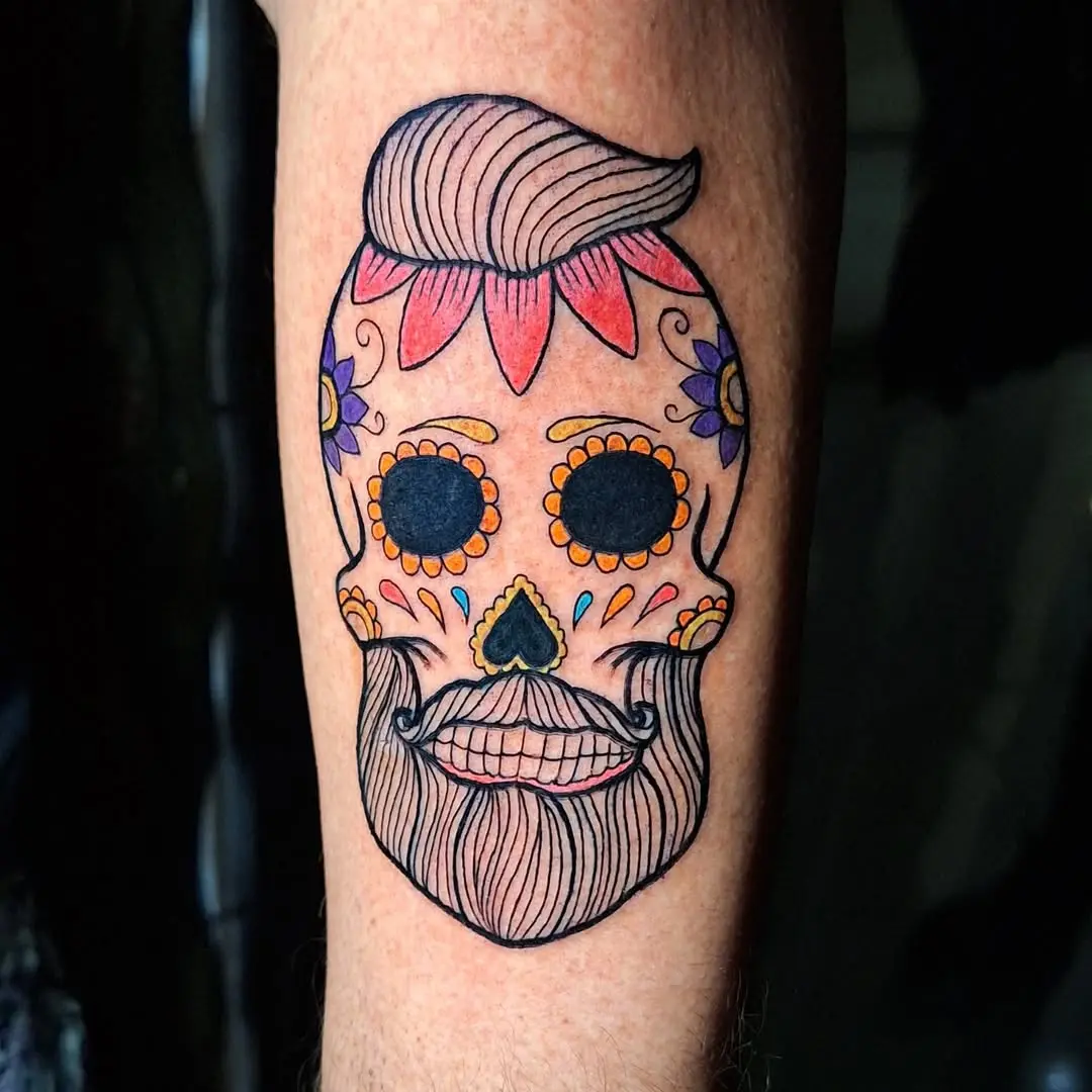 Vibrant sugar skull tattoo with intricate details