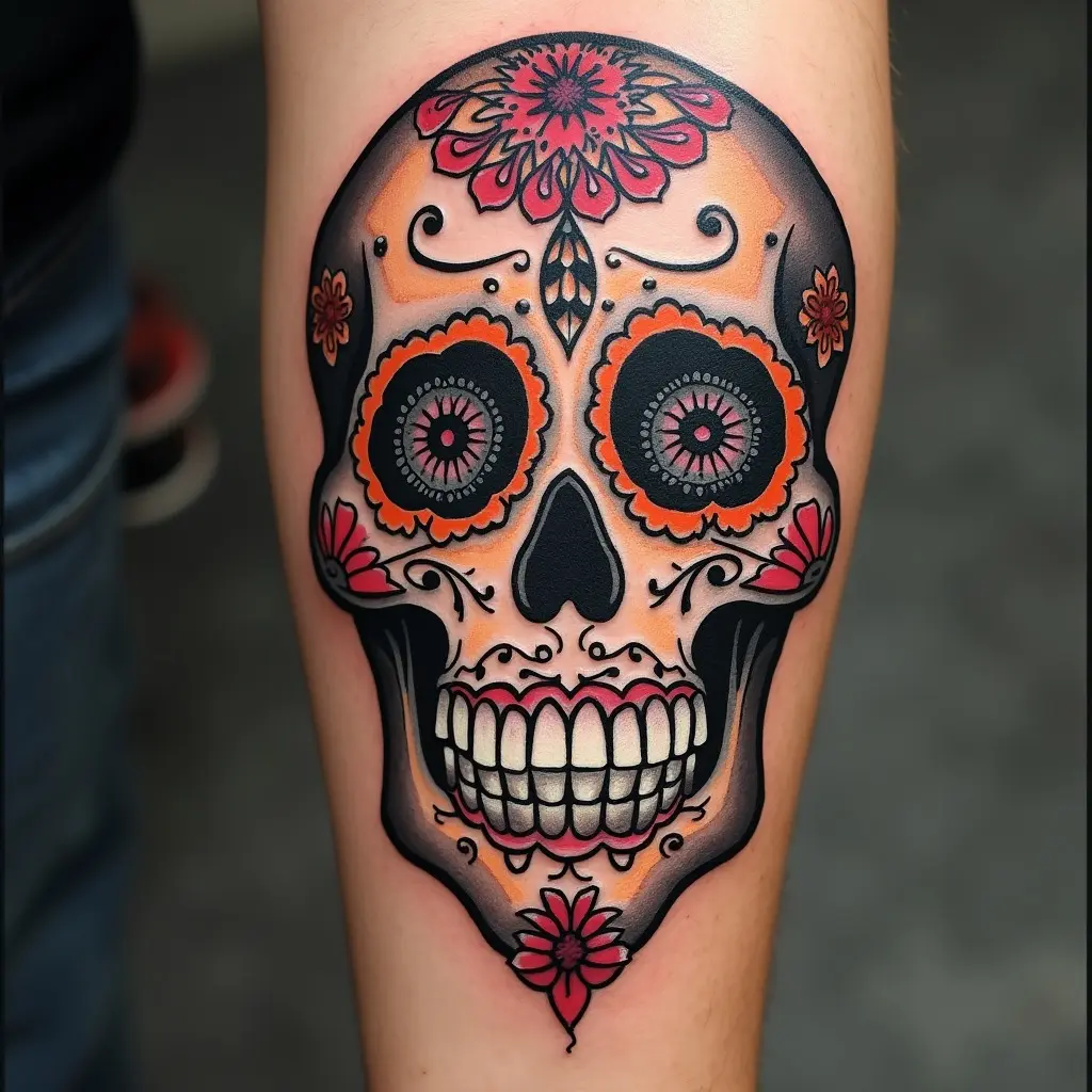 Vibrant Colorful Sugar Skull Tattoo Design