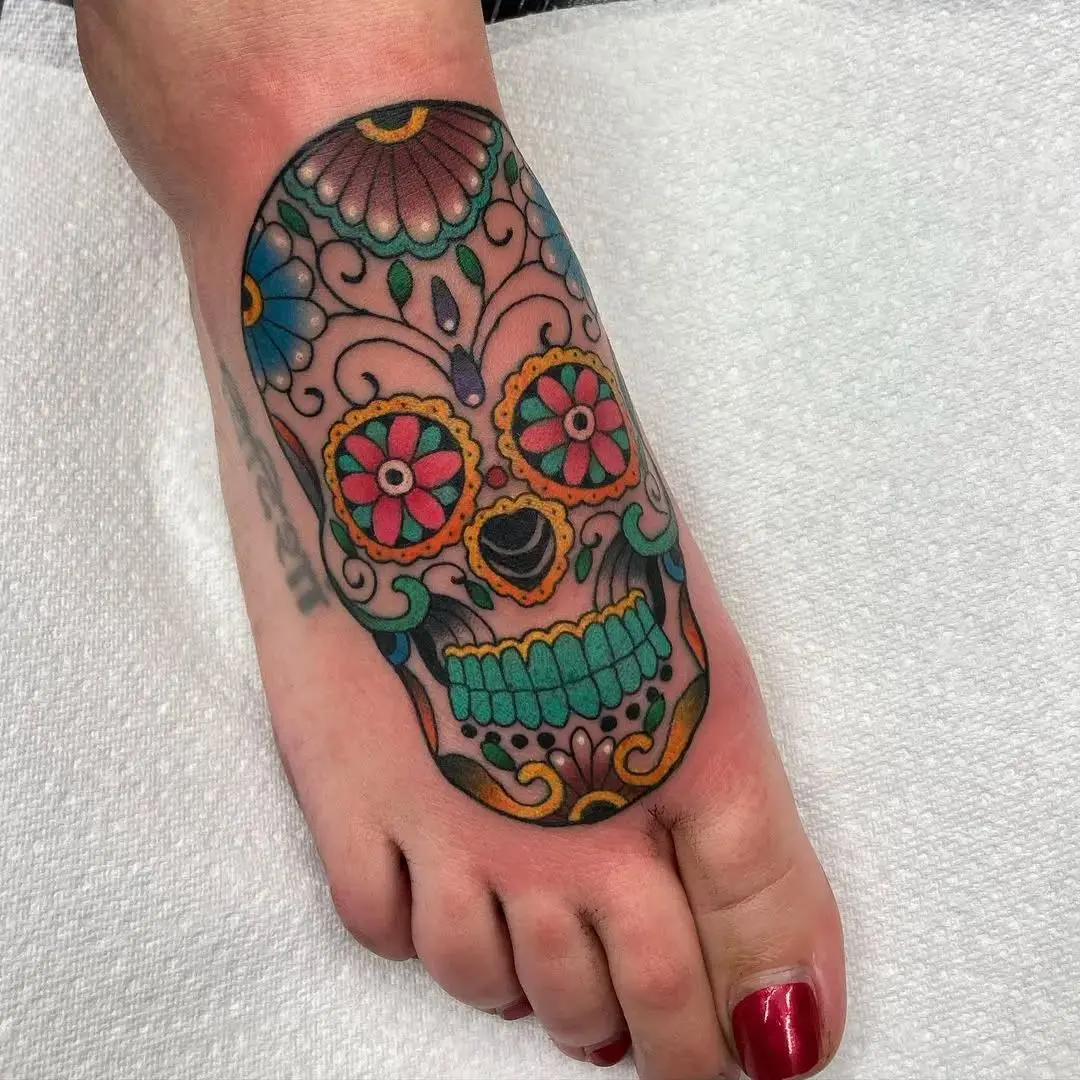 Colorful Sugar Skull Tattoo on Foot