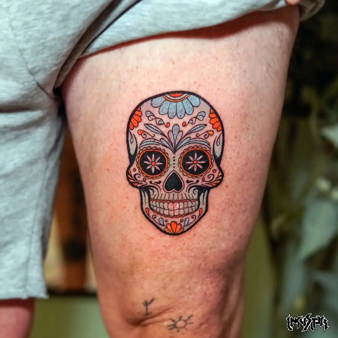 Colorful sugar skull tattoo with intricate details