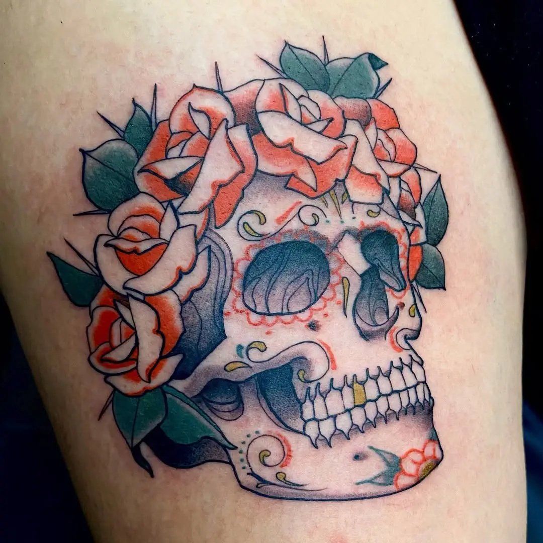 Intricate sugar skull adorned with roses