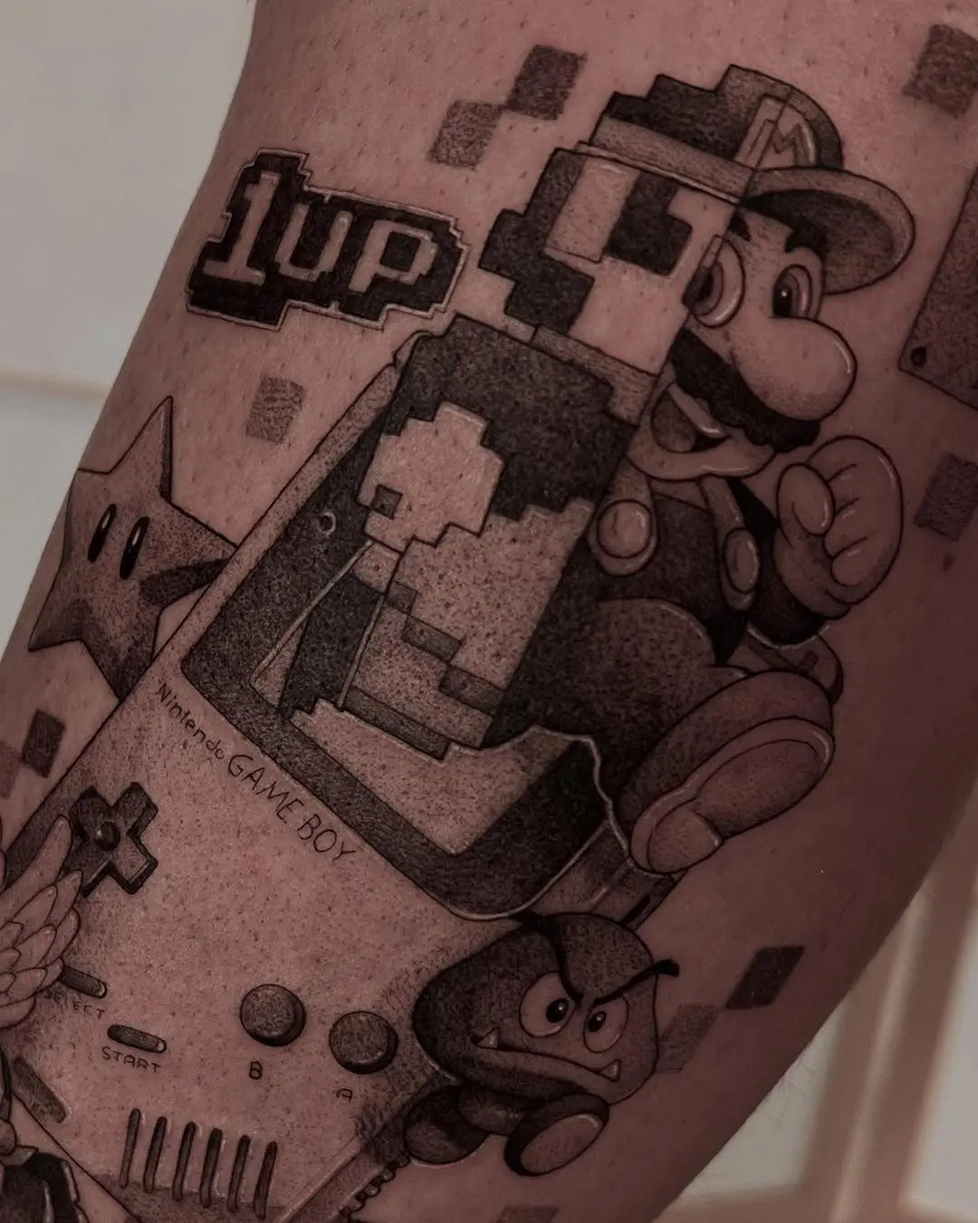Retro Mario Tattoo with Classic Gameboy Art