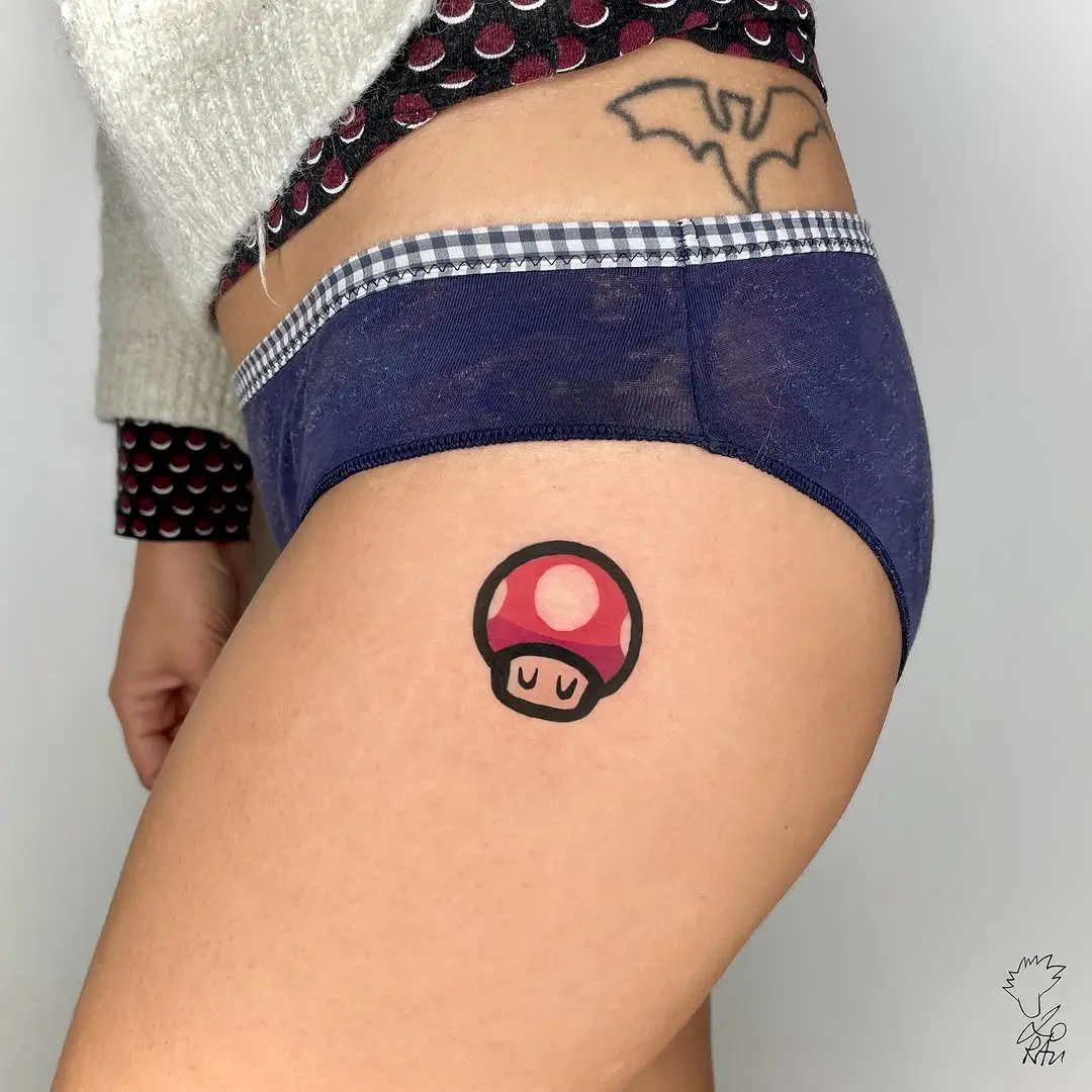 Colorful Mushroom Tattoo on Thigh