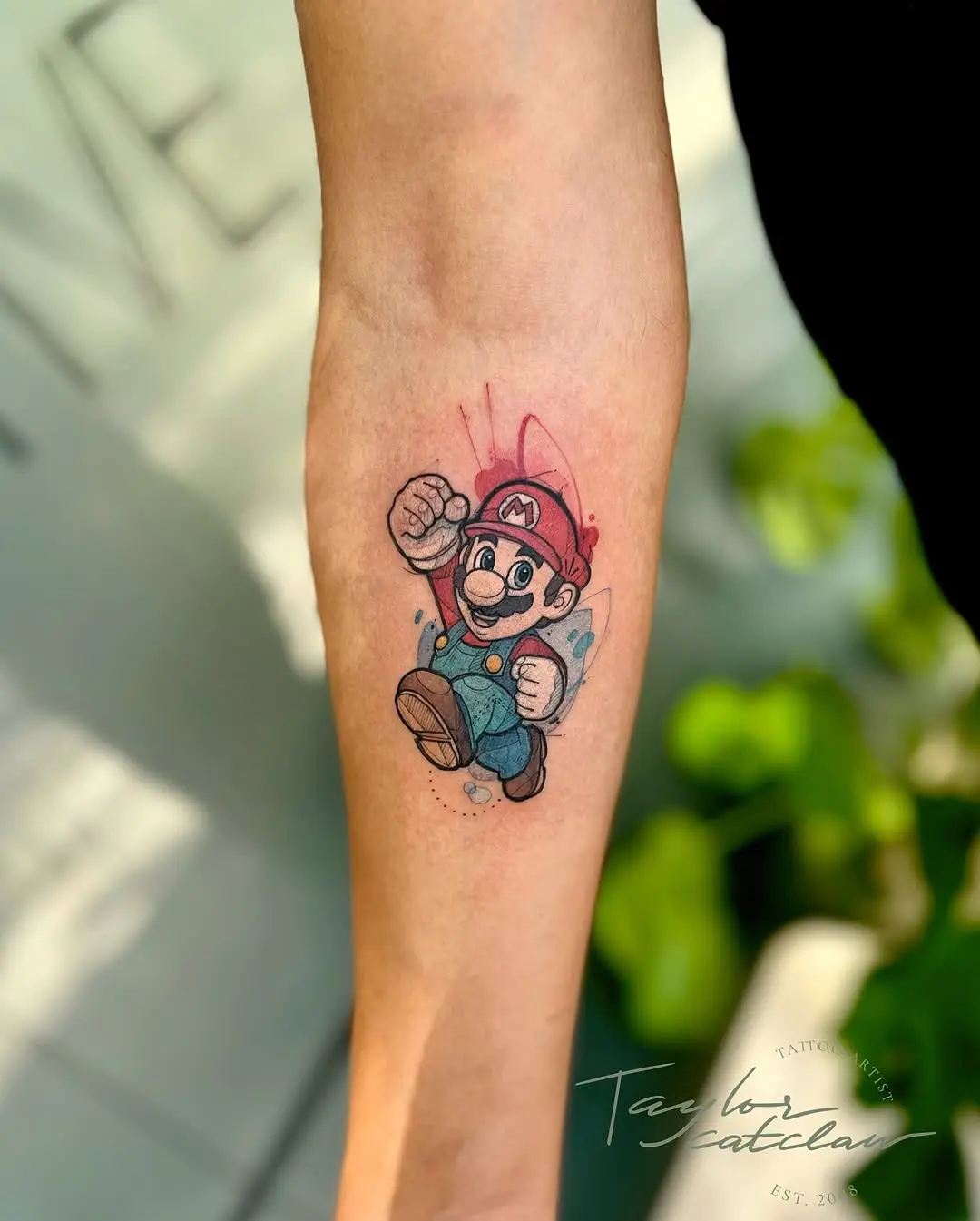 Playful Mario Tattoo in Mid-Run Action