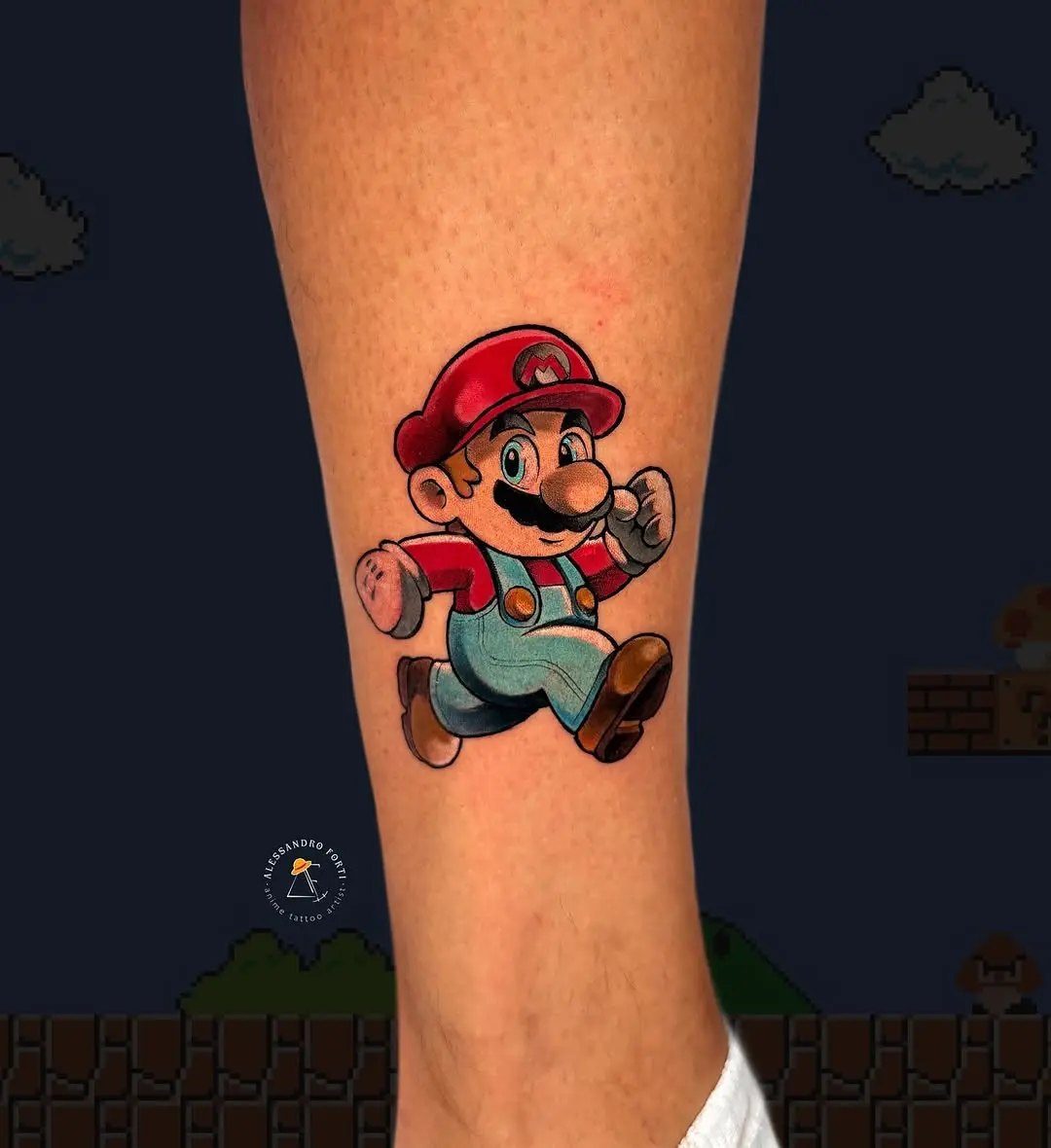 Classic Mario character tattoo in vibrant colors
