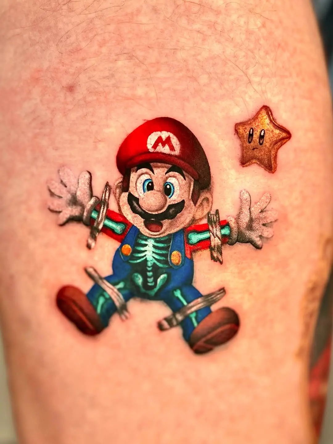 Vibrant Mario Skeleton Tattoo with Star