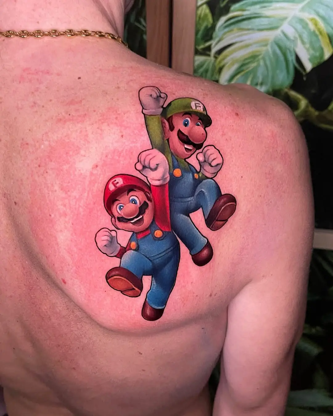 Dynamic Mario and Luigi Tattoo on Back